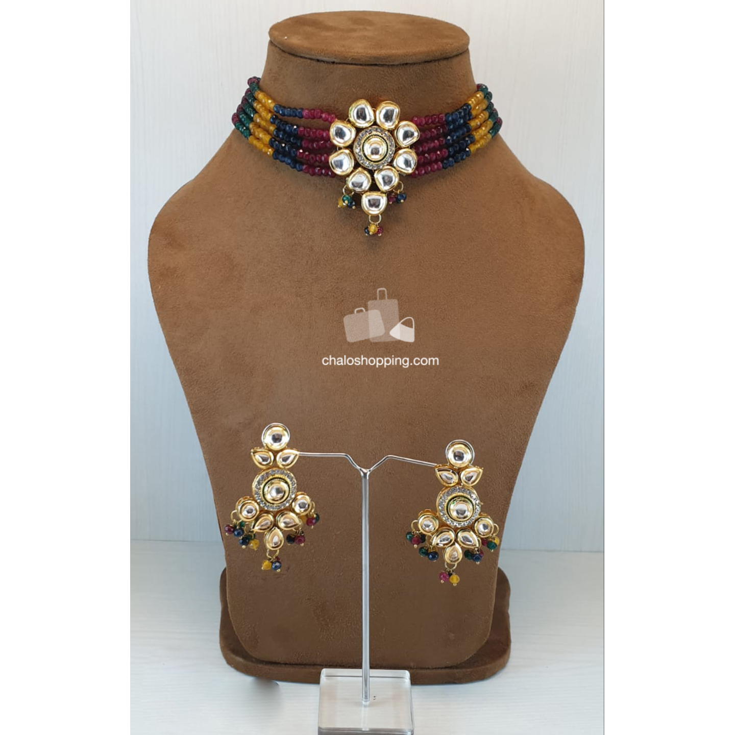 High Quality Kundan Multicolor Onyx Choker with Earrings