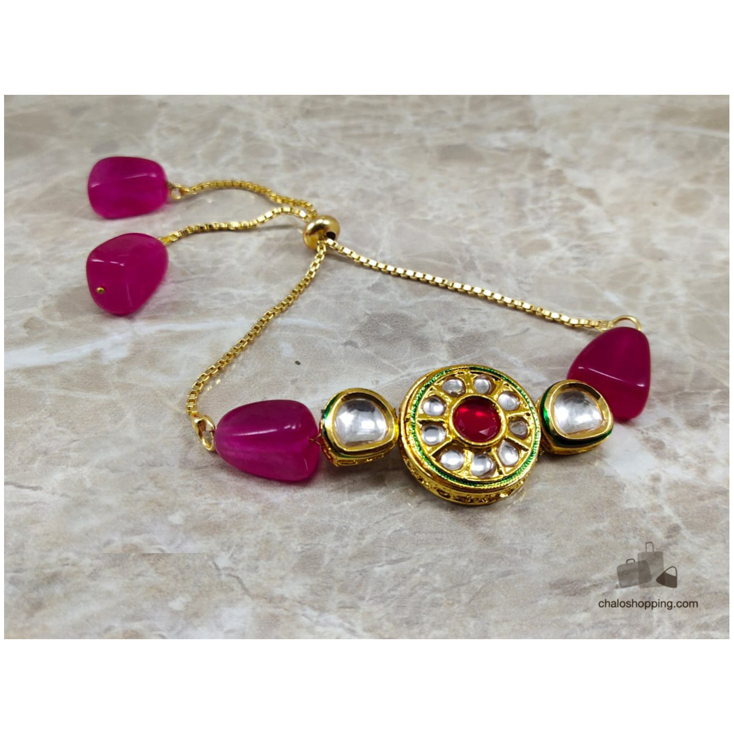 Onyx Stone Kundan Chain Bracelet - Fuscia