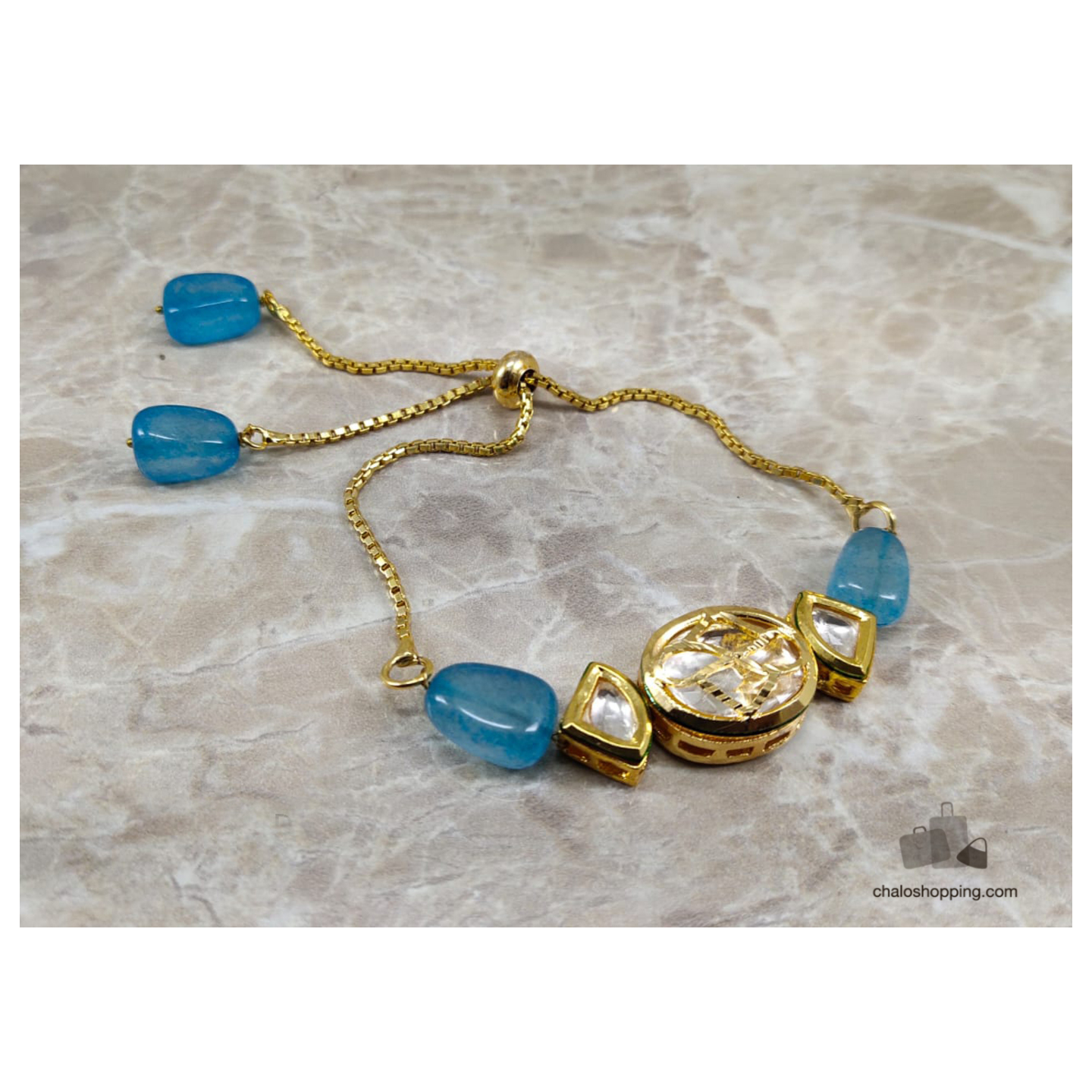 Onyx Stone Kundan Chain Bracelet - Sky Blue