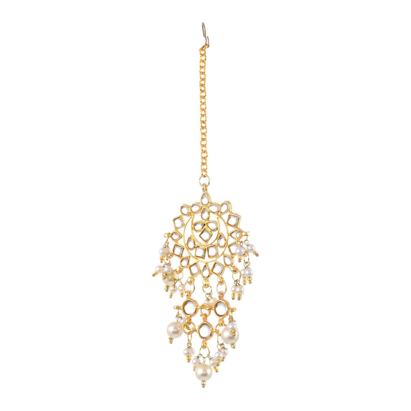 Golden Kundan Maangtika with White Pearls