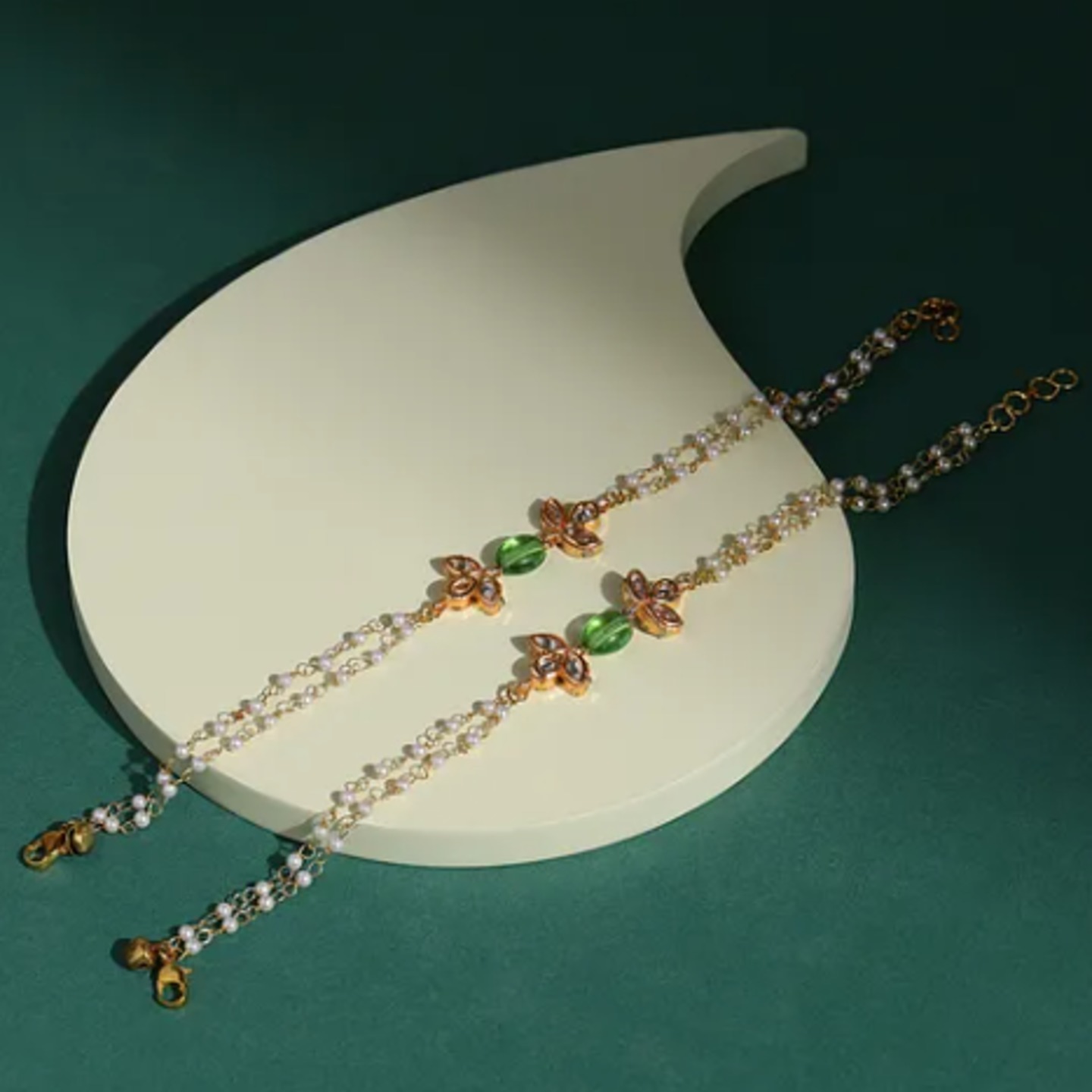 Green Beaded Anklets With Pearls