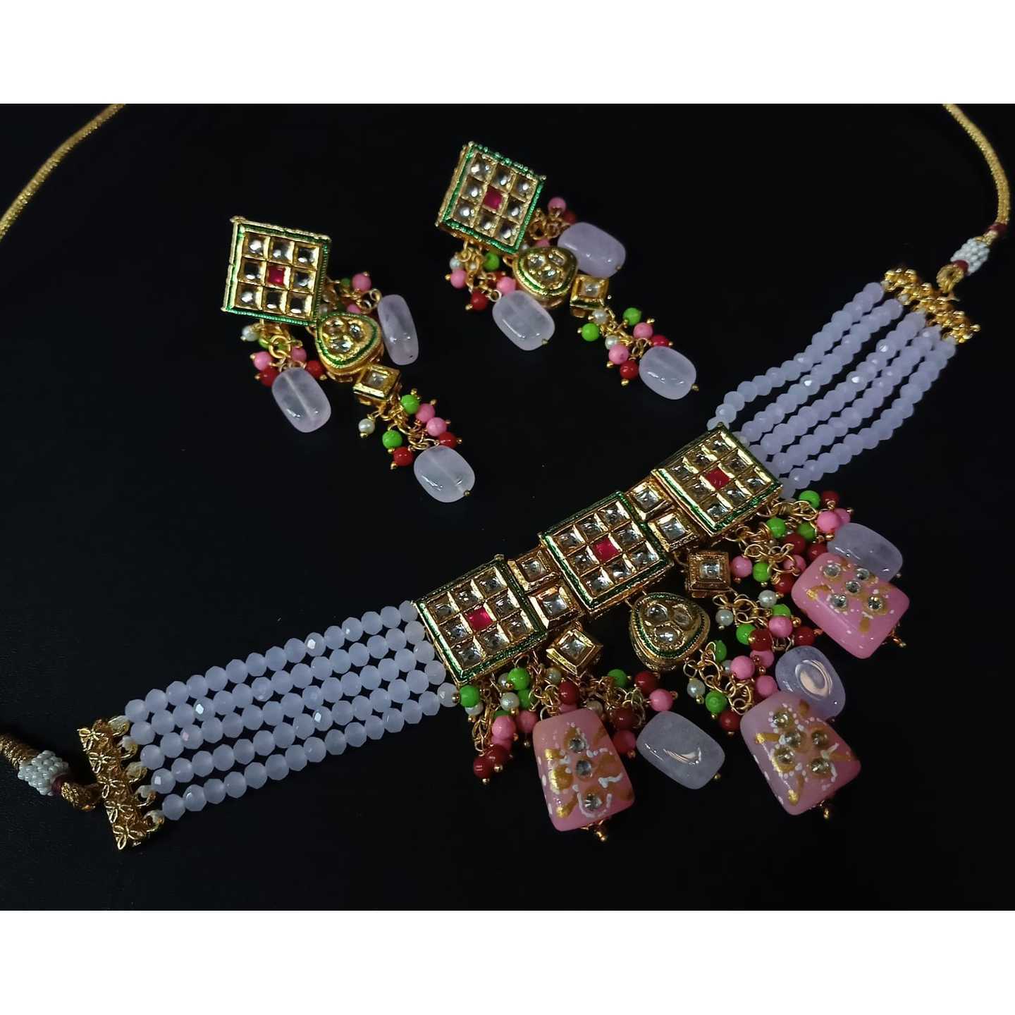 Gold Tone Kundan Necklace Set With Earring Onyx Stone