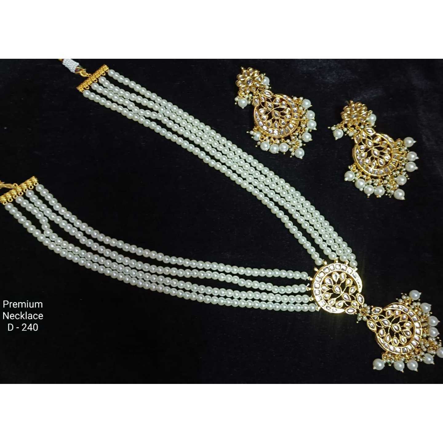 White Gold Tone Kundan Necklace Set With Earring Onyx Pearls