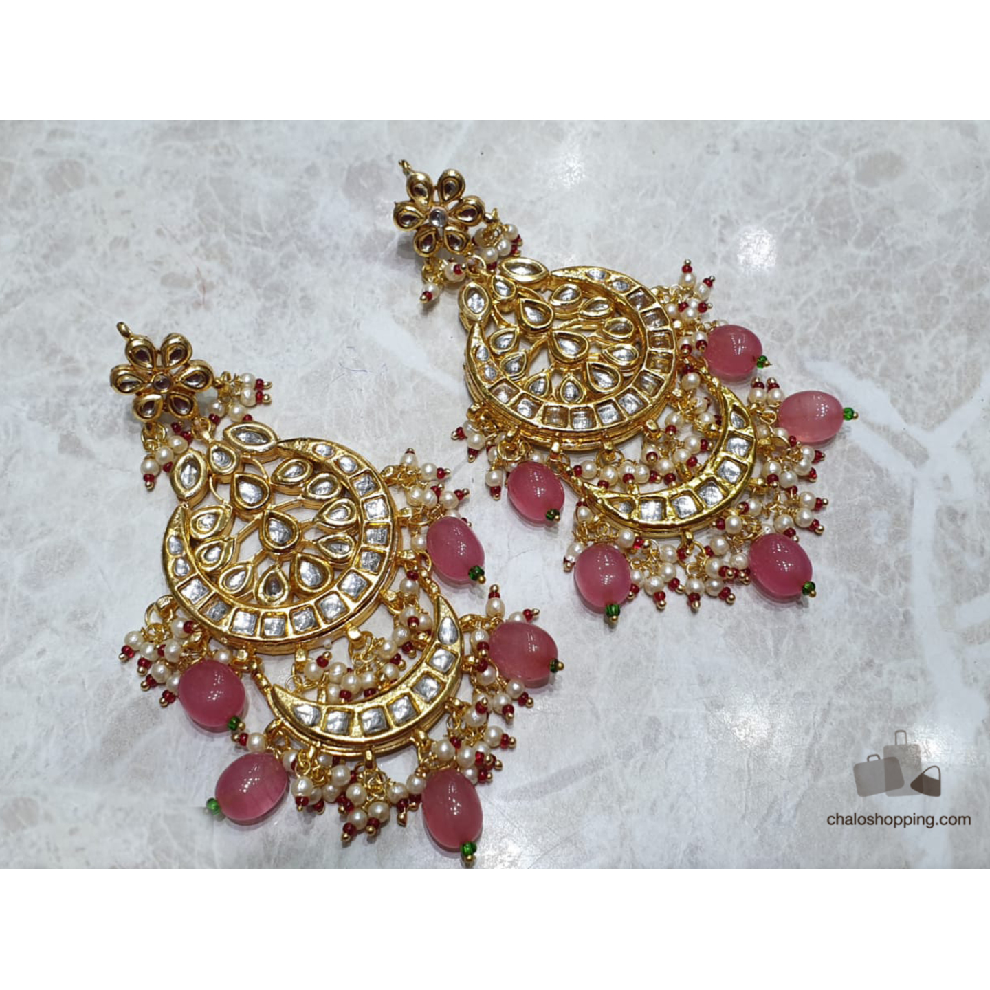 Kundan Inspired Pink Onyx Earrings