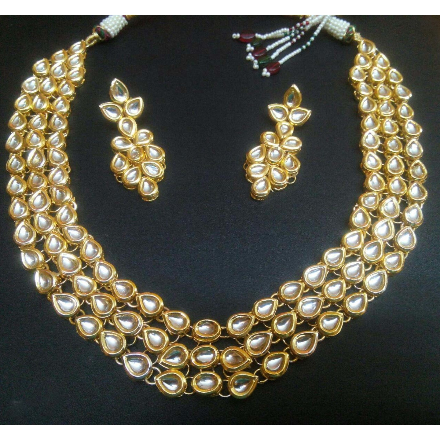 Gold Tone Kundan Triple Layer Necklace Set With Earring 