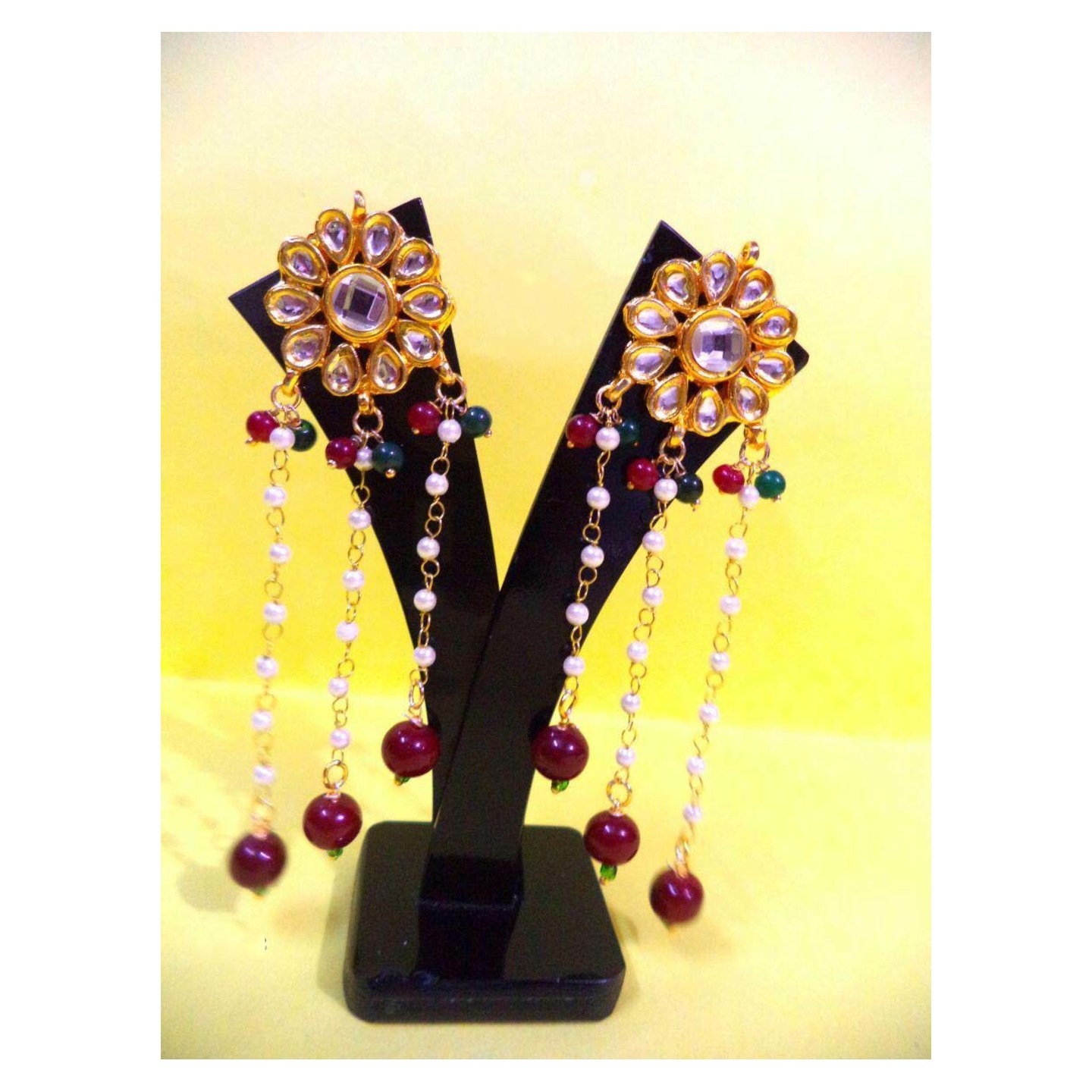 Kundan Earring Multi Sparkle Onyx Pearl
