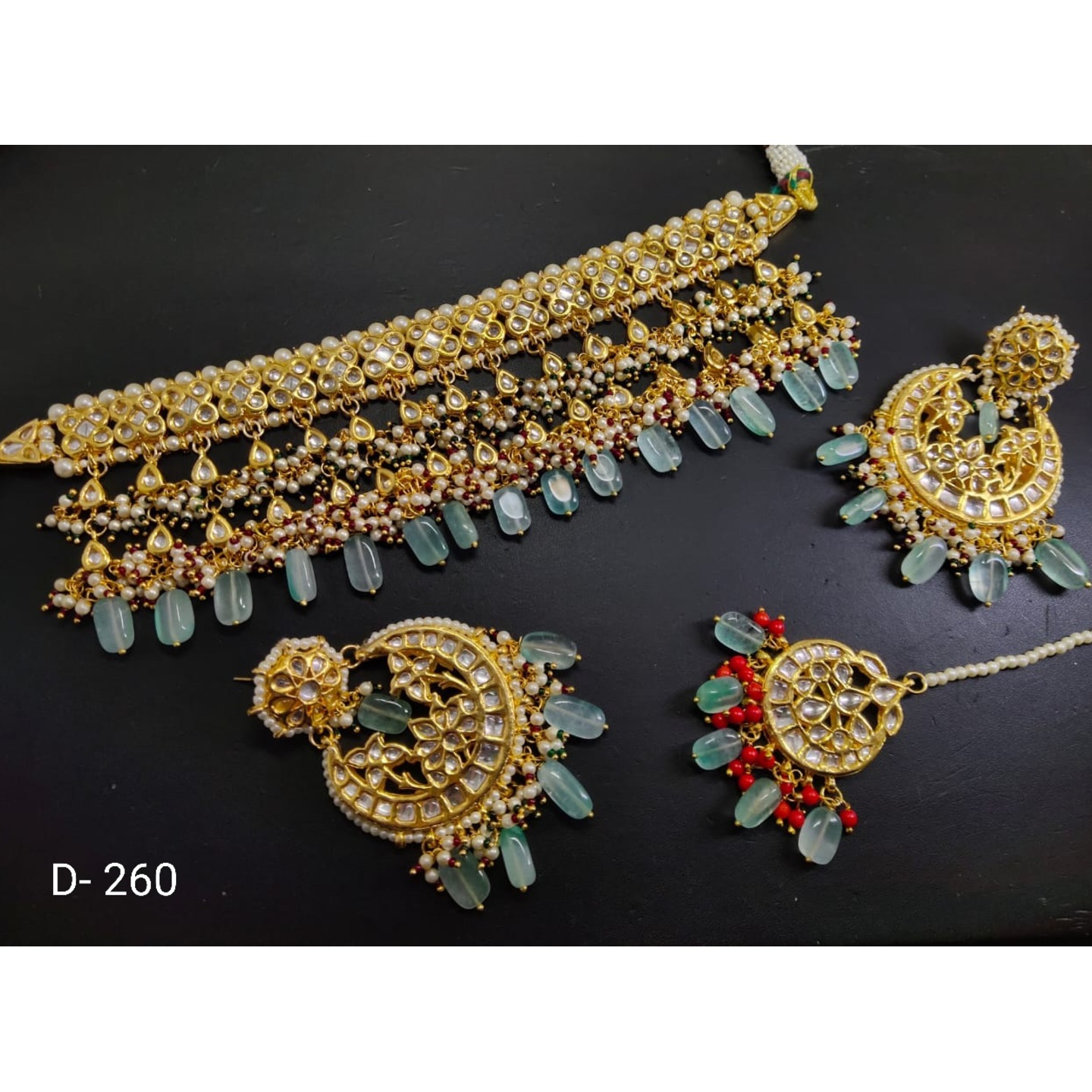 High Quality Kundan Set With Earring & Tikka Light Blue Stone