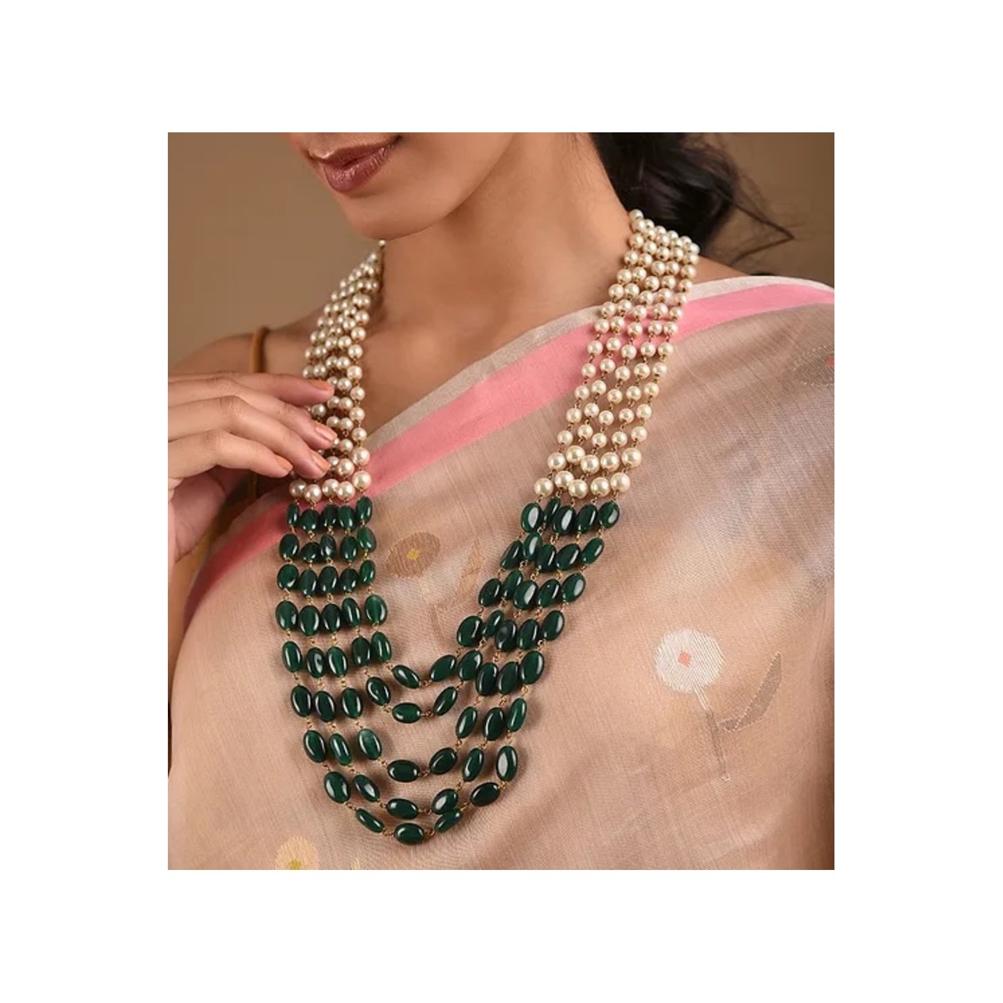 Green Beaded Layered Necklace With Pearls