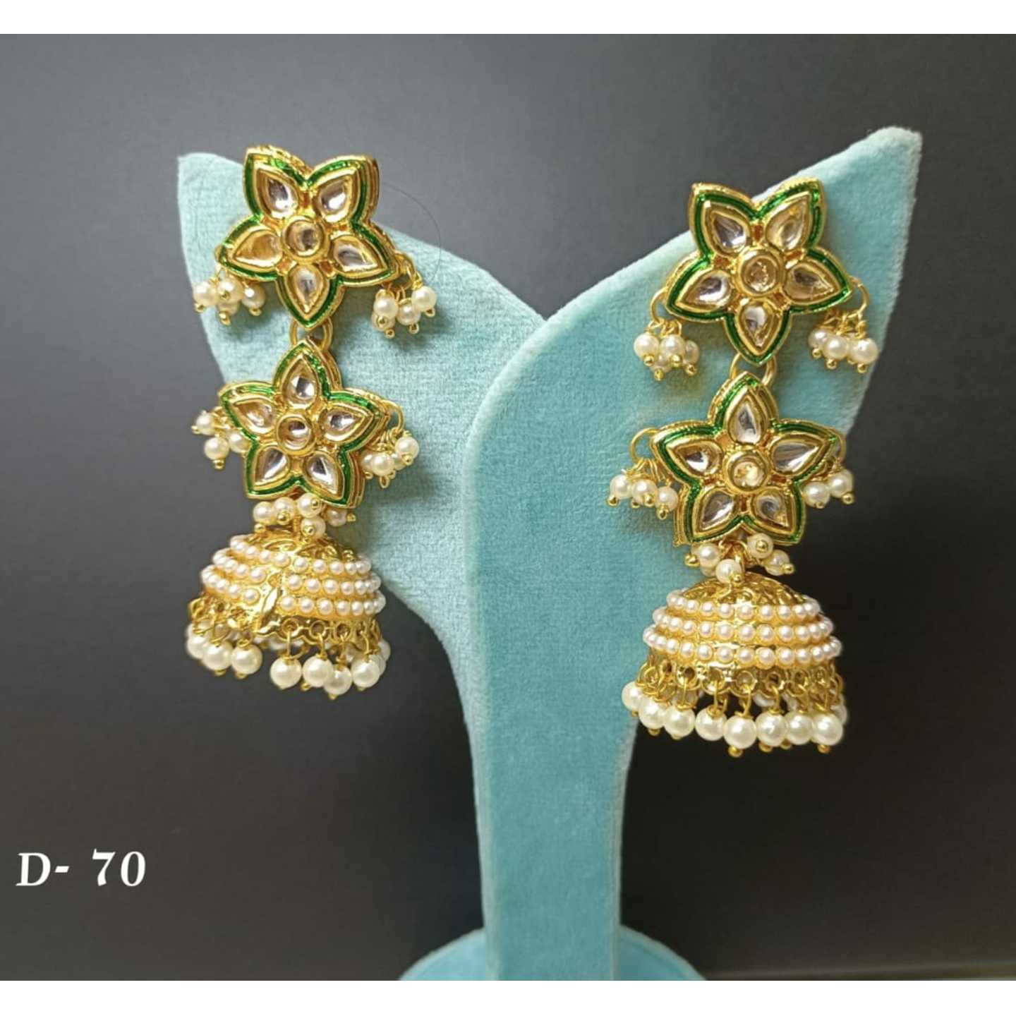 Green White Gold Tone Kundan Earrings Onyx Pearls