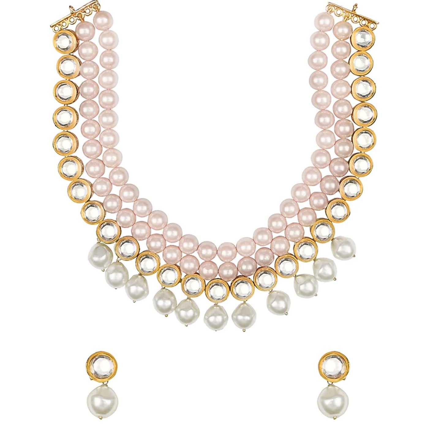 Gold Tone Kundan Necklace Set With Earring Onyx Pearls