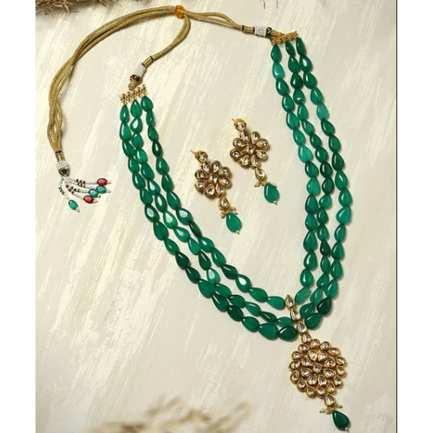 Green Gold Tone Kundan Beaded Necklace Set With Earring