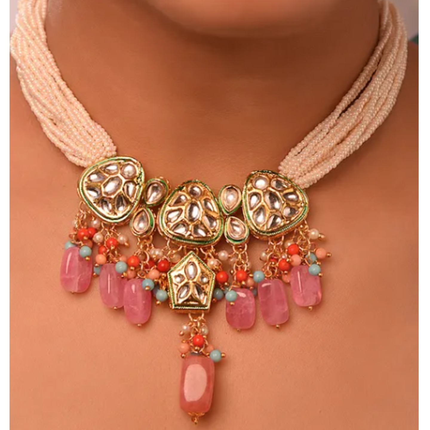 Pink Gold Tone Kundan Necklace Set With Earring