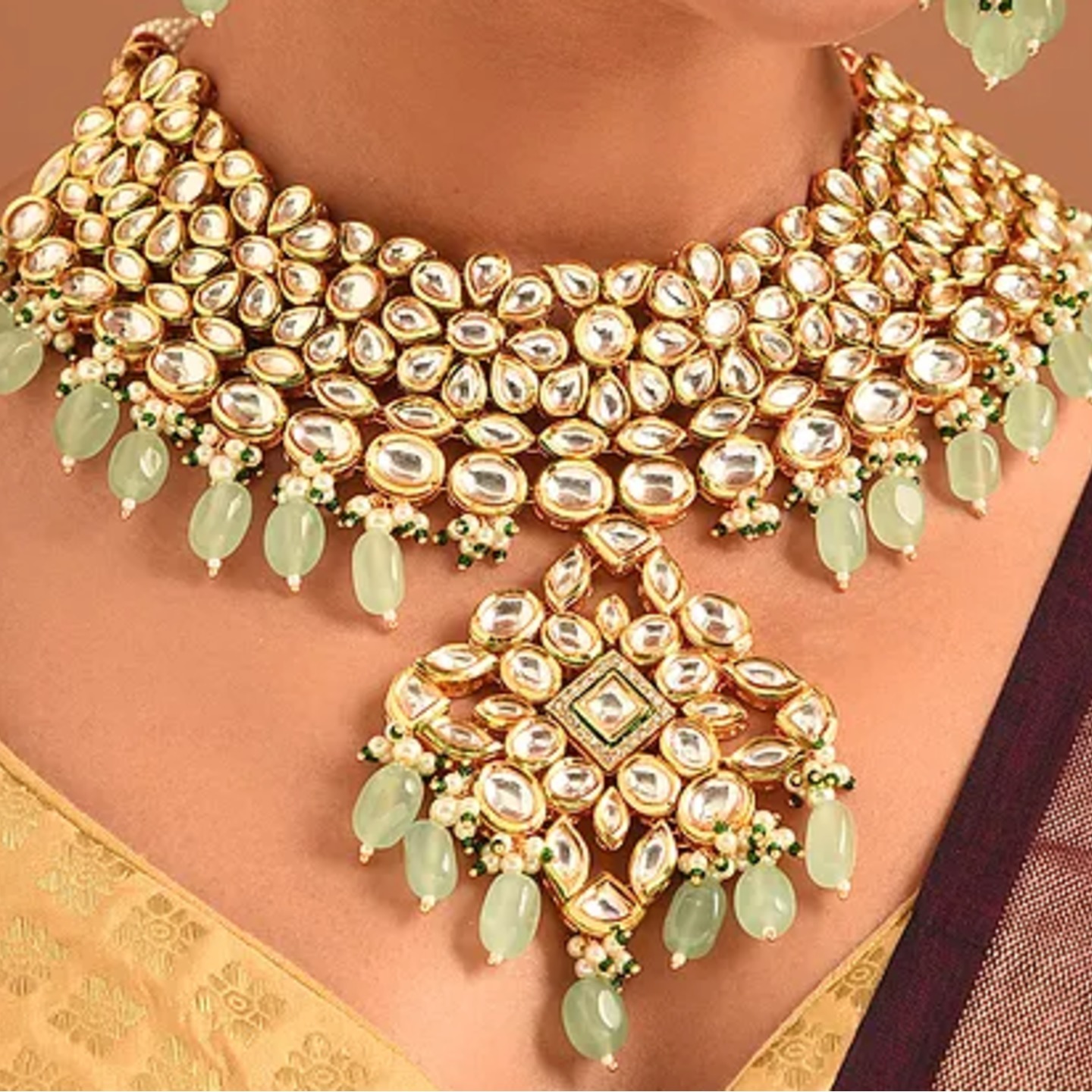 Green Gold Tone Kundan Necklace Set With Earring