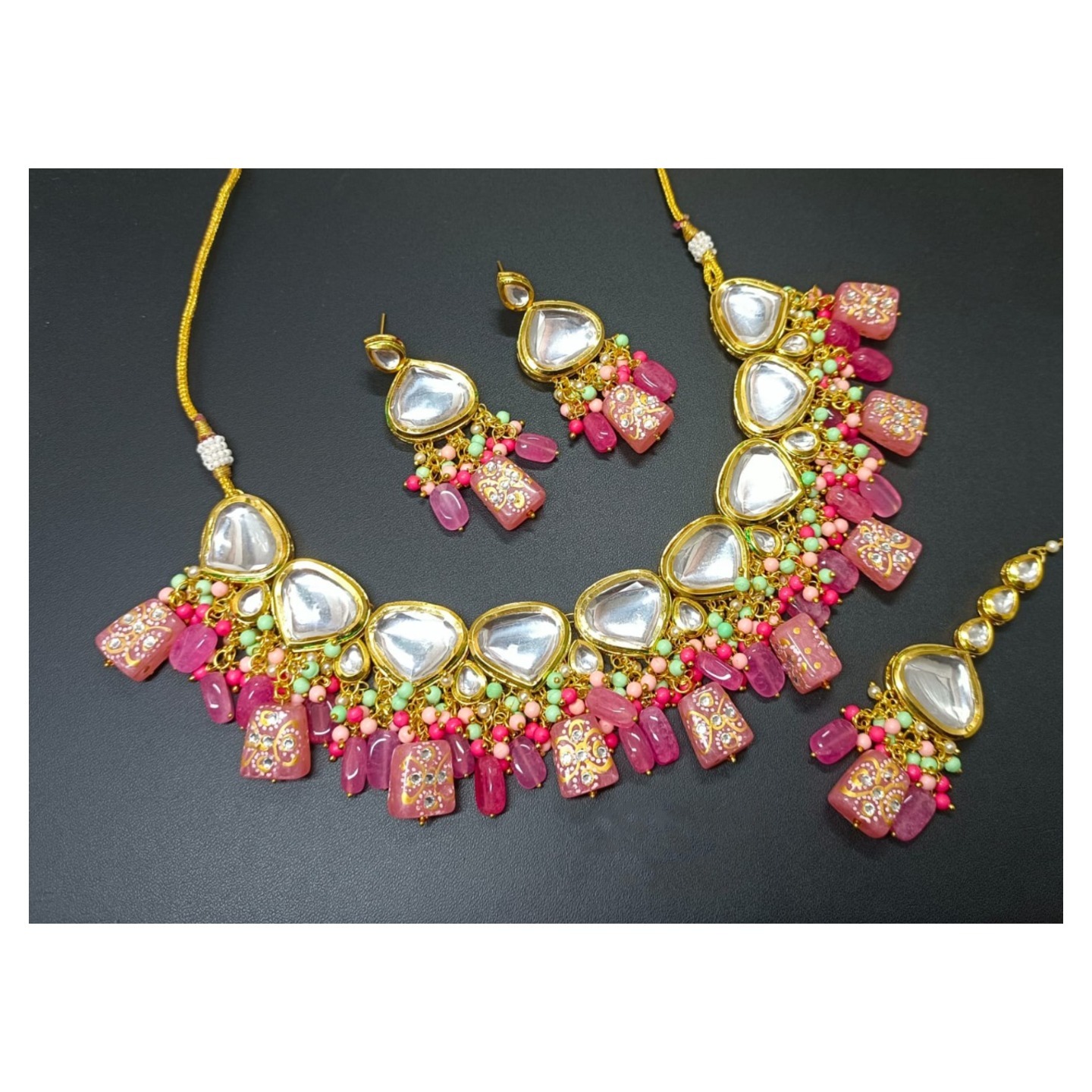 Pink Gold Tone Kundan Necklace Set With Earring Onyx Stone