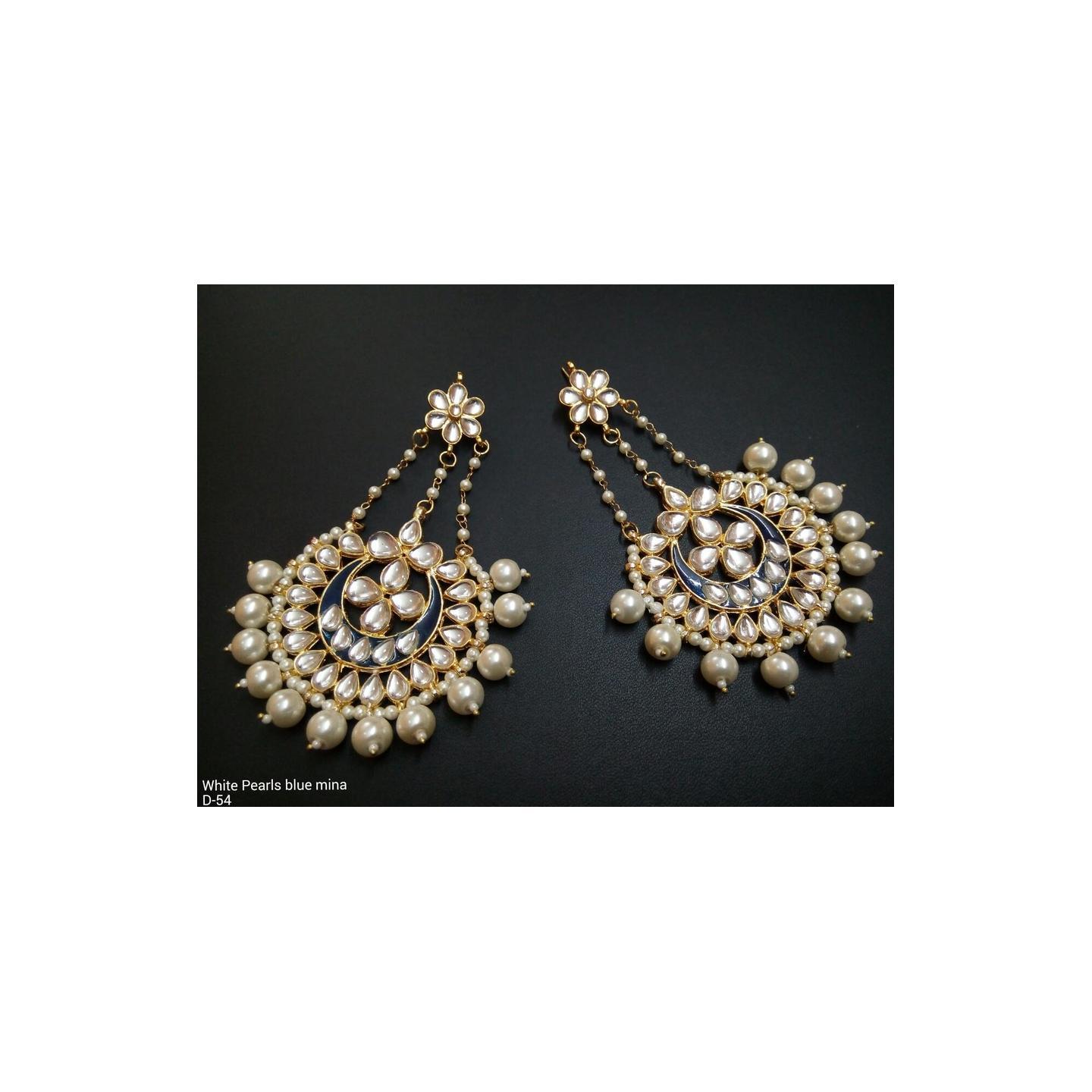 Kundan Earring Blue Mina White Onyx Pearl