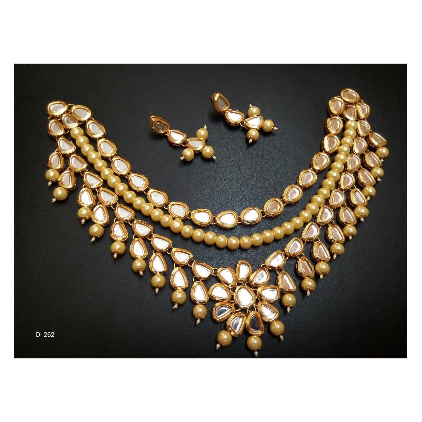Kundan Triple Layer Necklace Set With Earring Golden Onyx Pearl