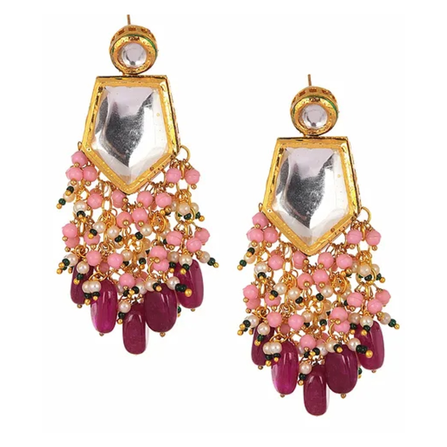 Pink Maroon Gold Tone Kundan Earring