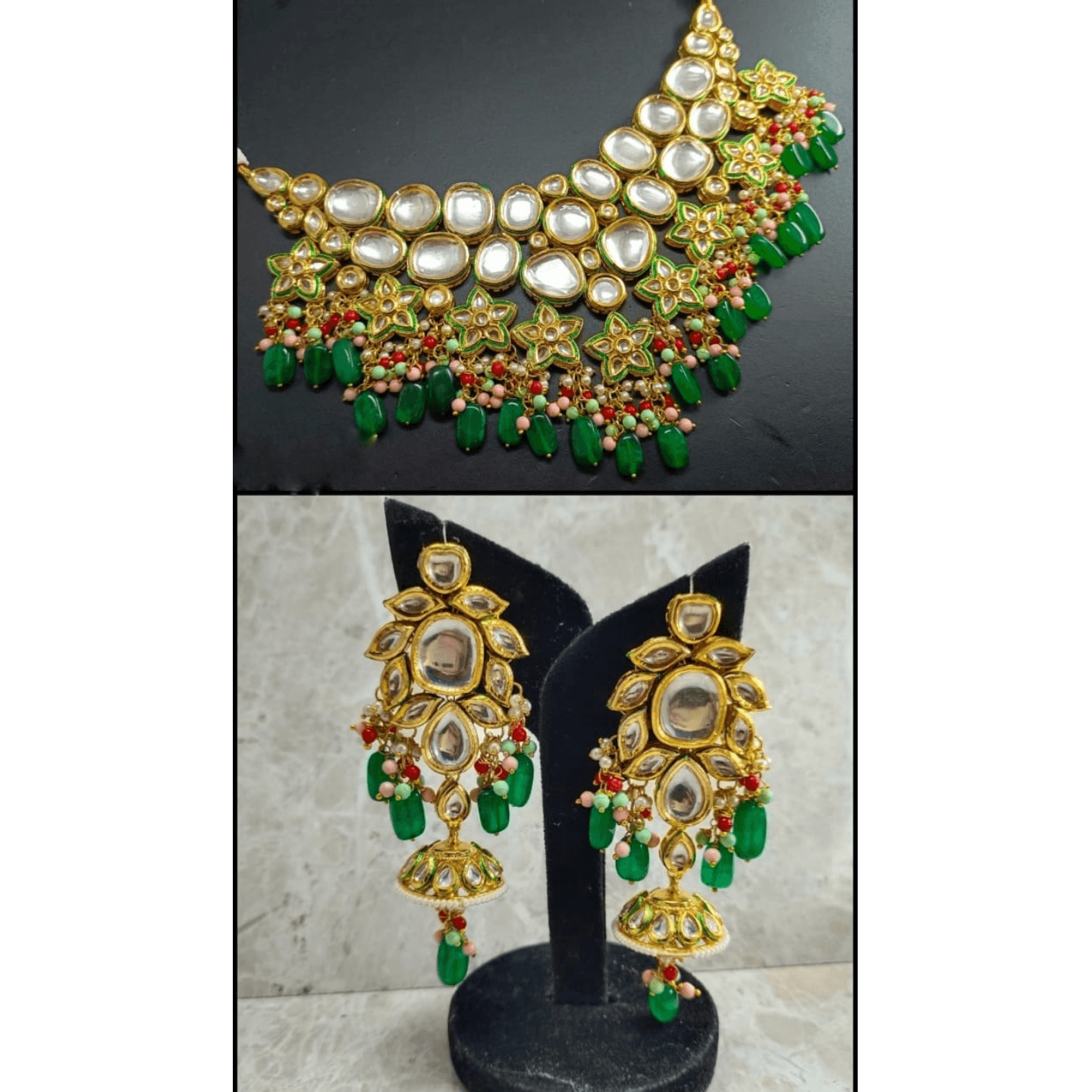 Green Gold Tone Kundan Necklace set With Earring Onyx Stone