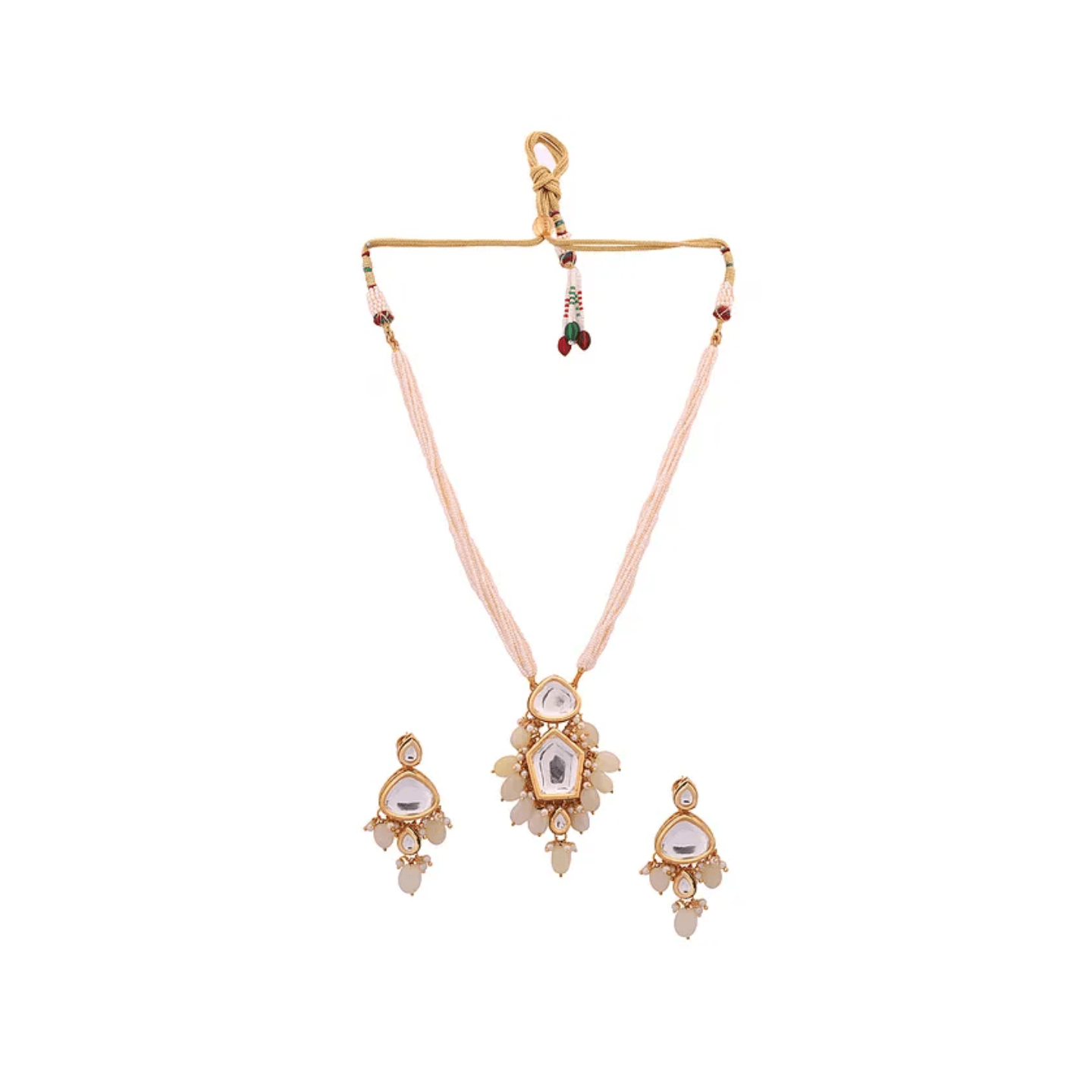 White Gold Tone Kundan Beaded Necklace With Earring