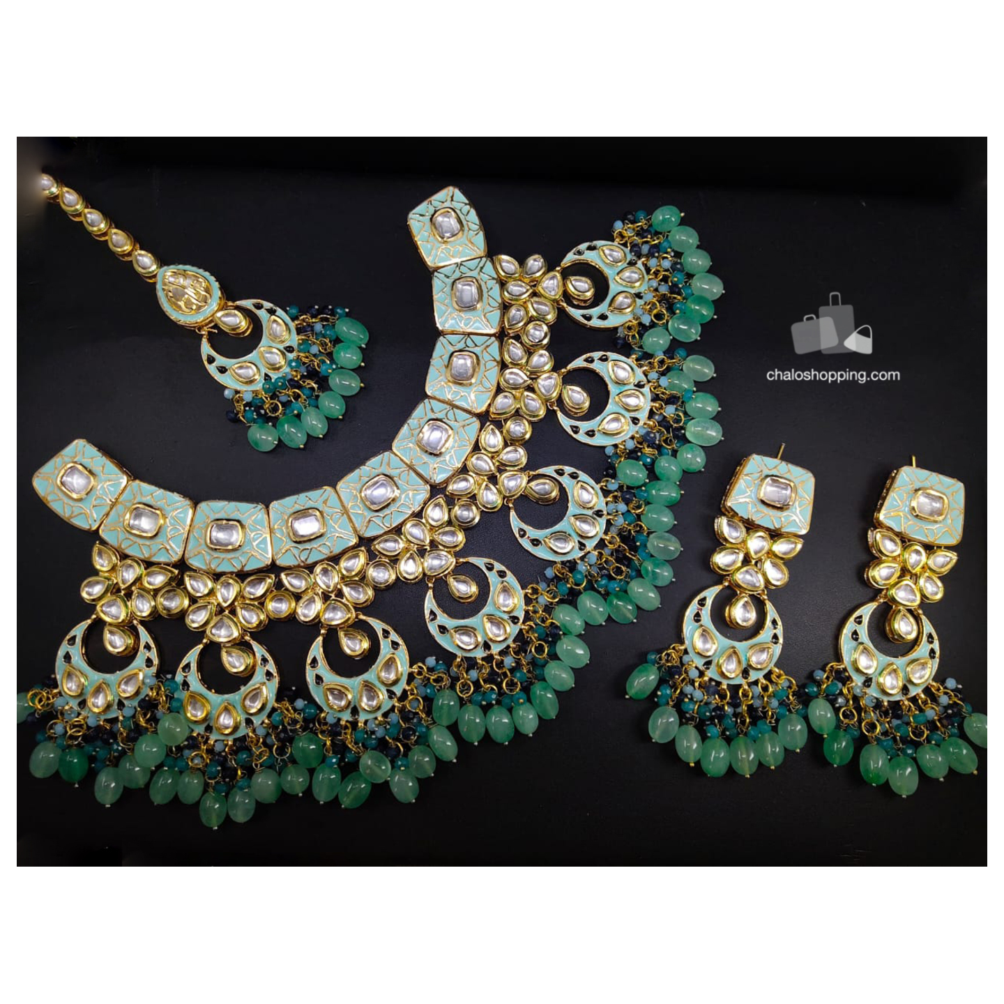 Rajwadi Green Meenakari Kundan Stone Necklace Set with Earrings & Tika