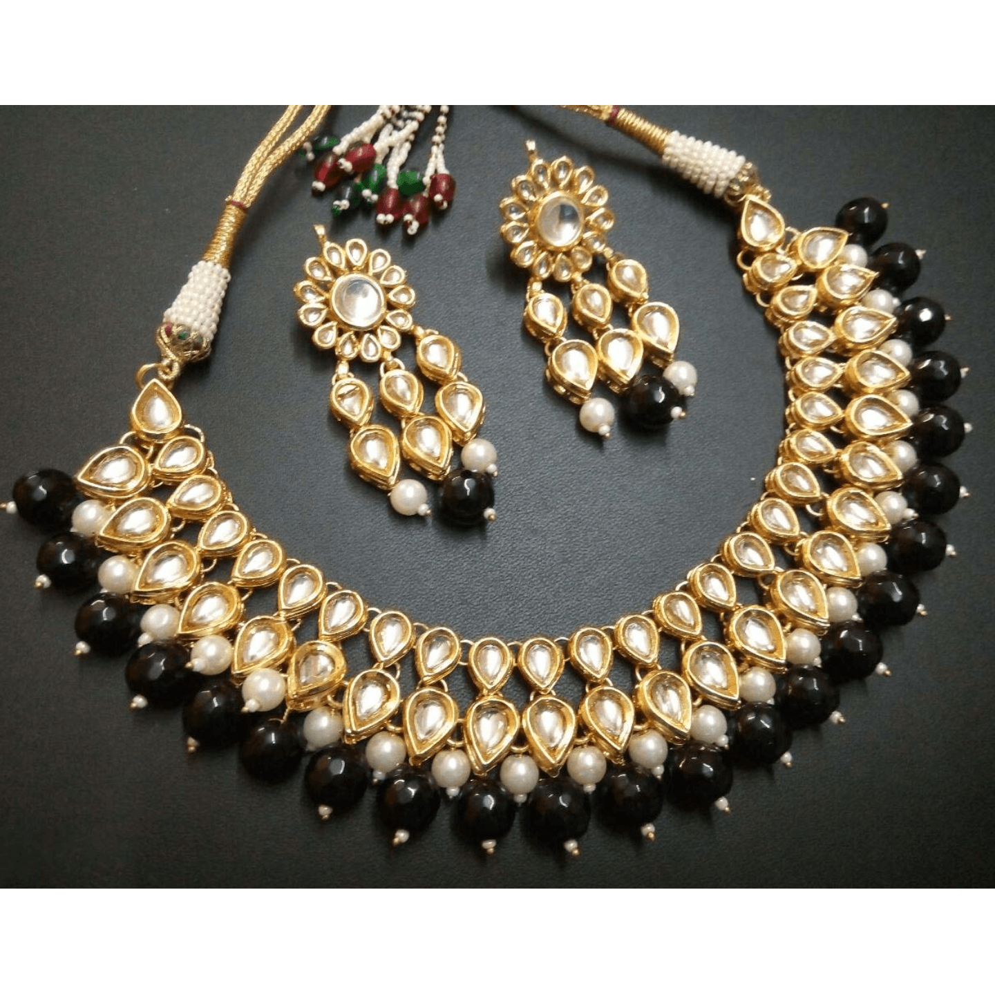 Gold Tone Kundan Necklace Set With Earring Black Onyx Pearls