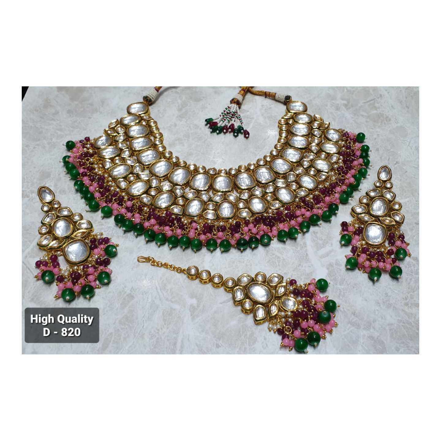 Kundan Necklace Set Earring with Tikka  & Sea Green Stones