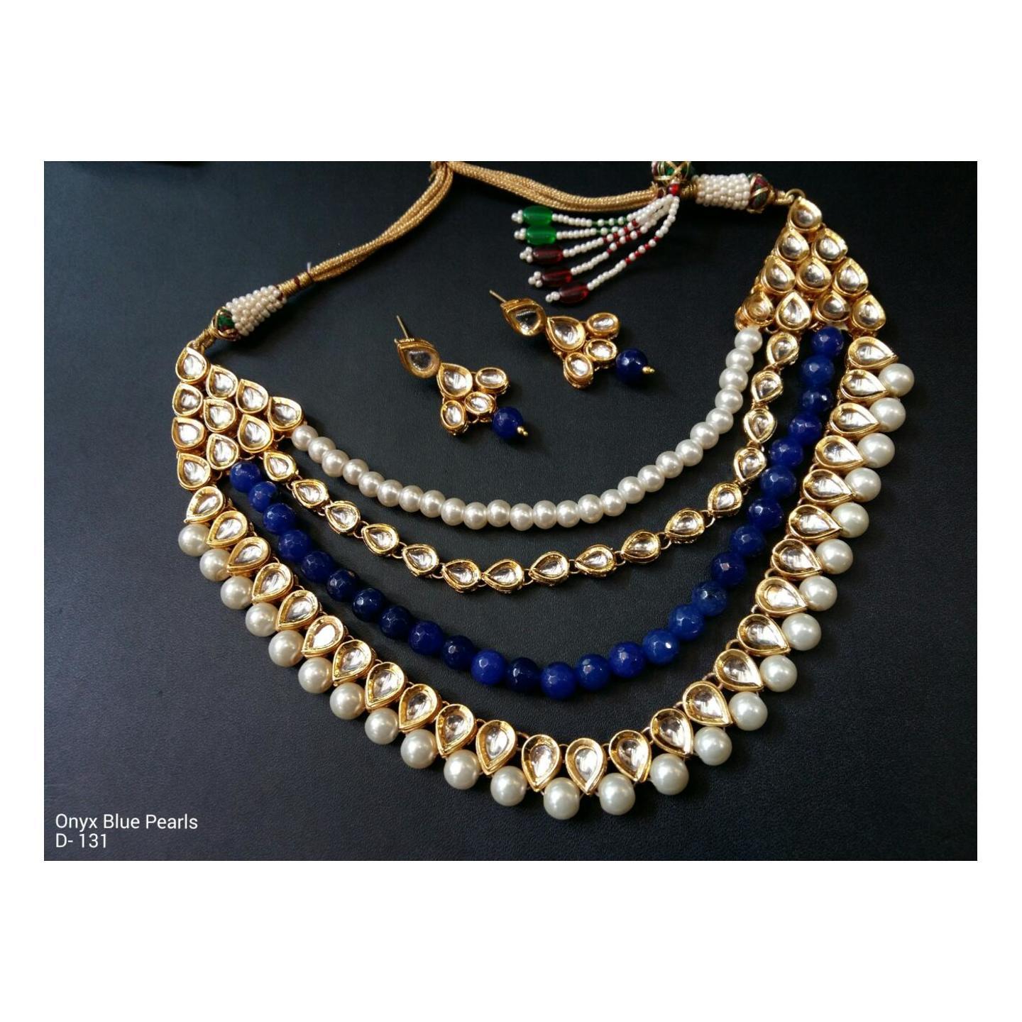High Quality Triple Layer Necklace Set With Earring Blue Onyx Pearl