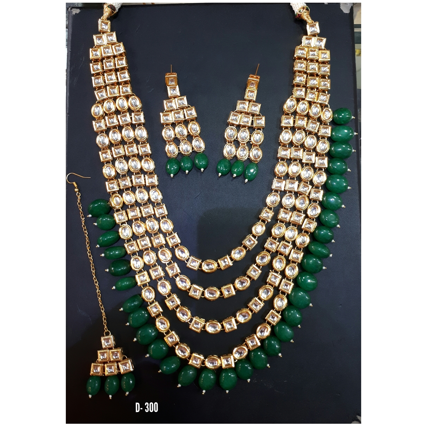 Multi Layer Kundan Necklace Set With Earring ,Tikka Green Onyx Stone