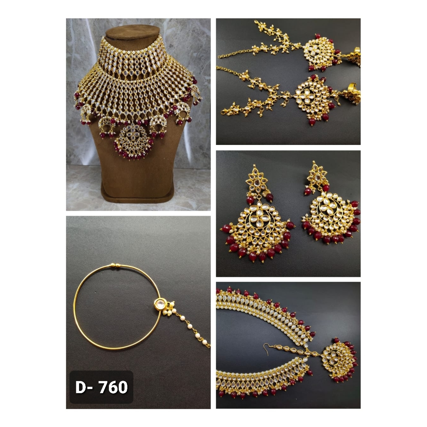  High Quality Kundan Polki Full Bridal Set with Maroon Onyx Stones