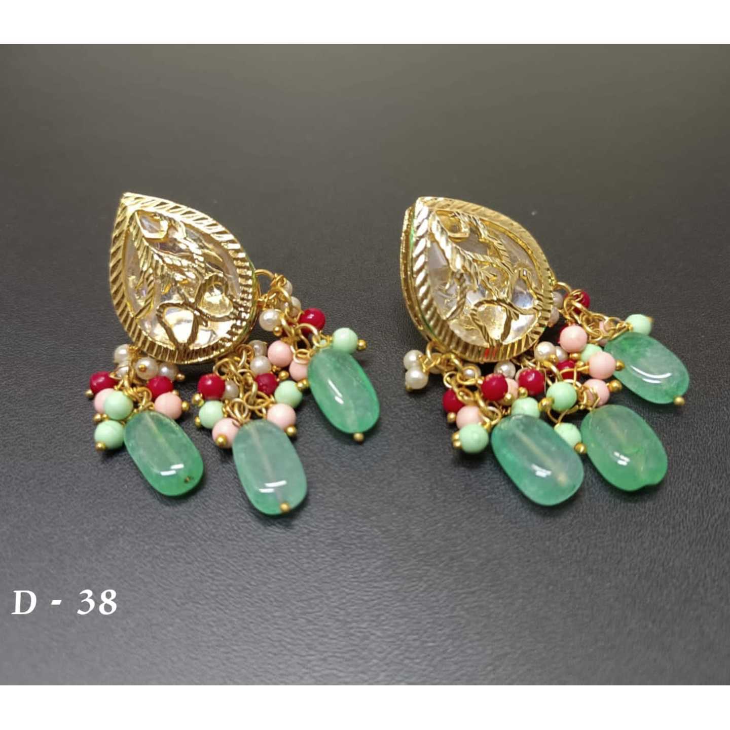 Green Gold Tone Kundan Earring Onyx Stone