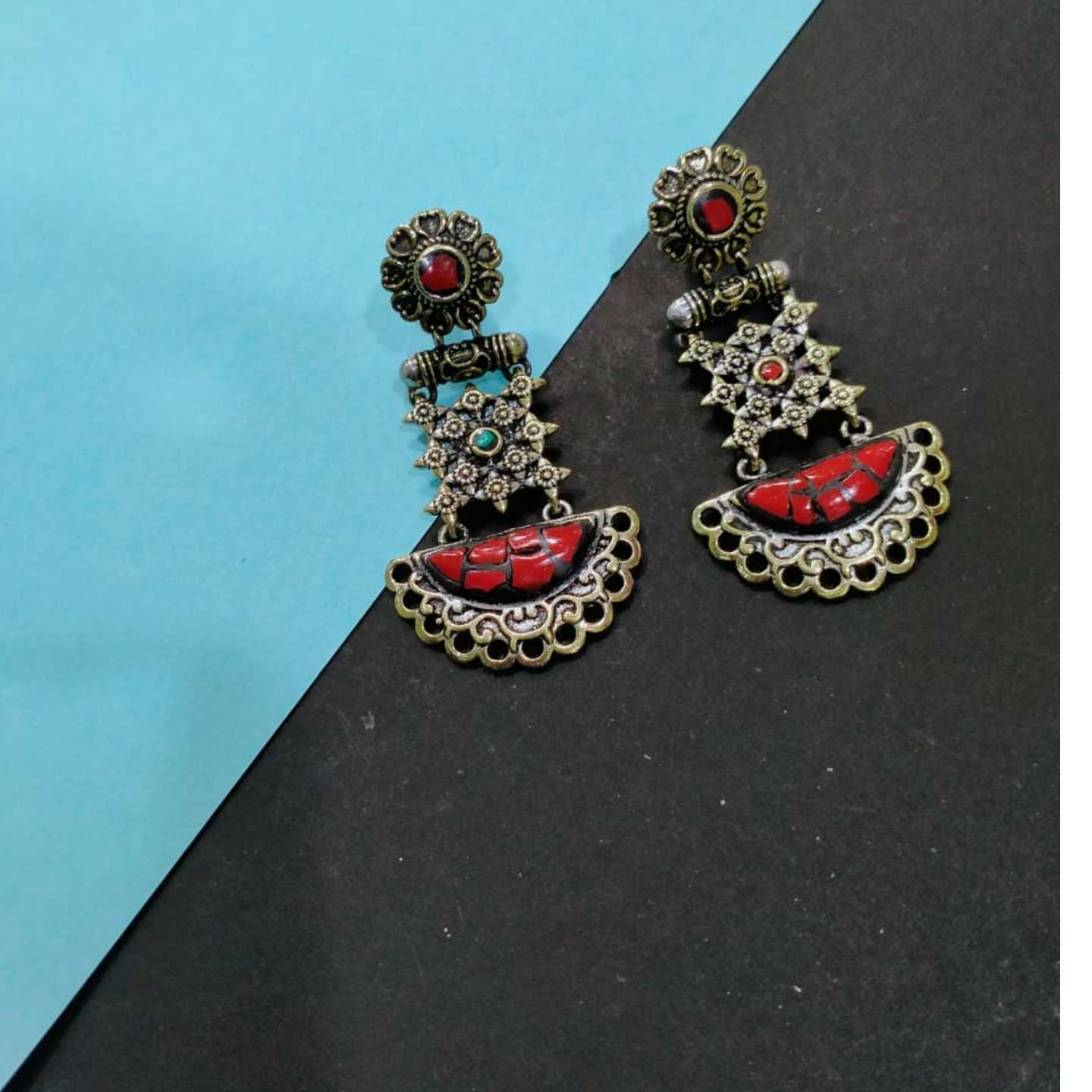 Red Dual Tone Tribal Silver Earring