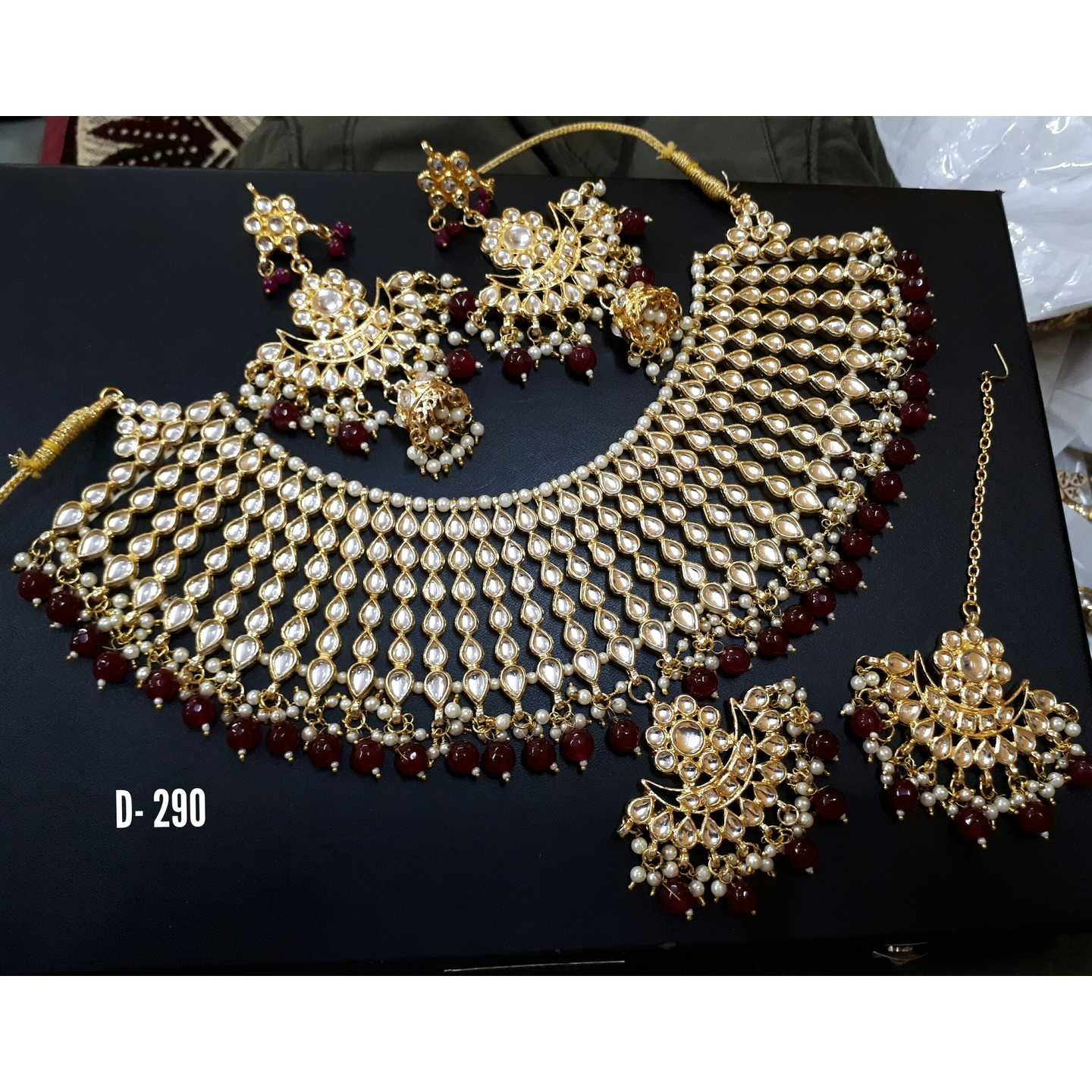 Gold Tone Kundan Necklace Set With Earring Tikka Ruby Maroon Onyx Pearls