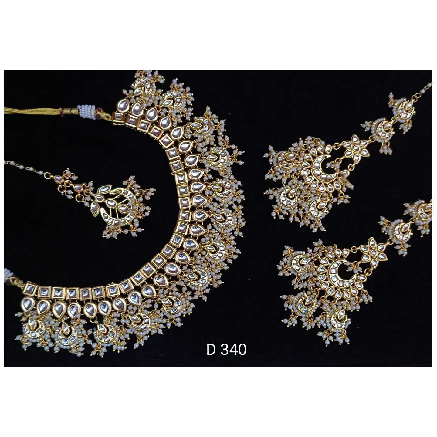 Gold Tone Kundan Necklace Set With Earring Tikka Onyx Pearls