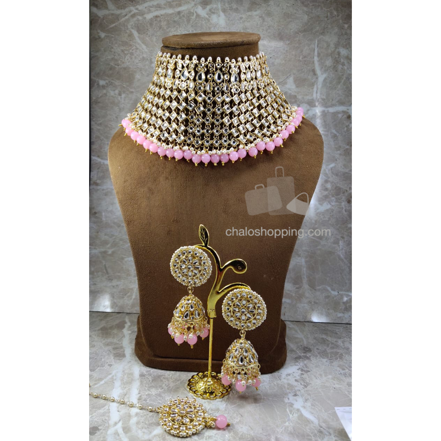 Kundan Inspired Choker Set with Earrings and Tika (Color : Baby Pink)