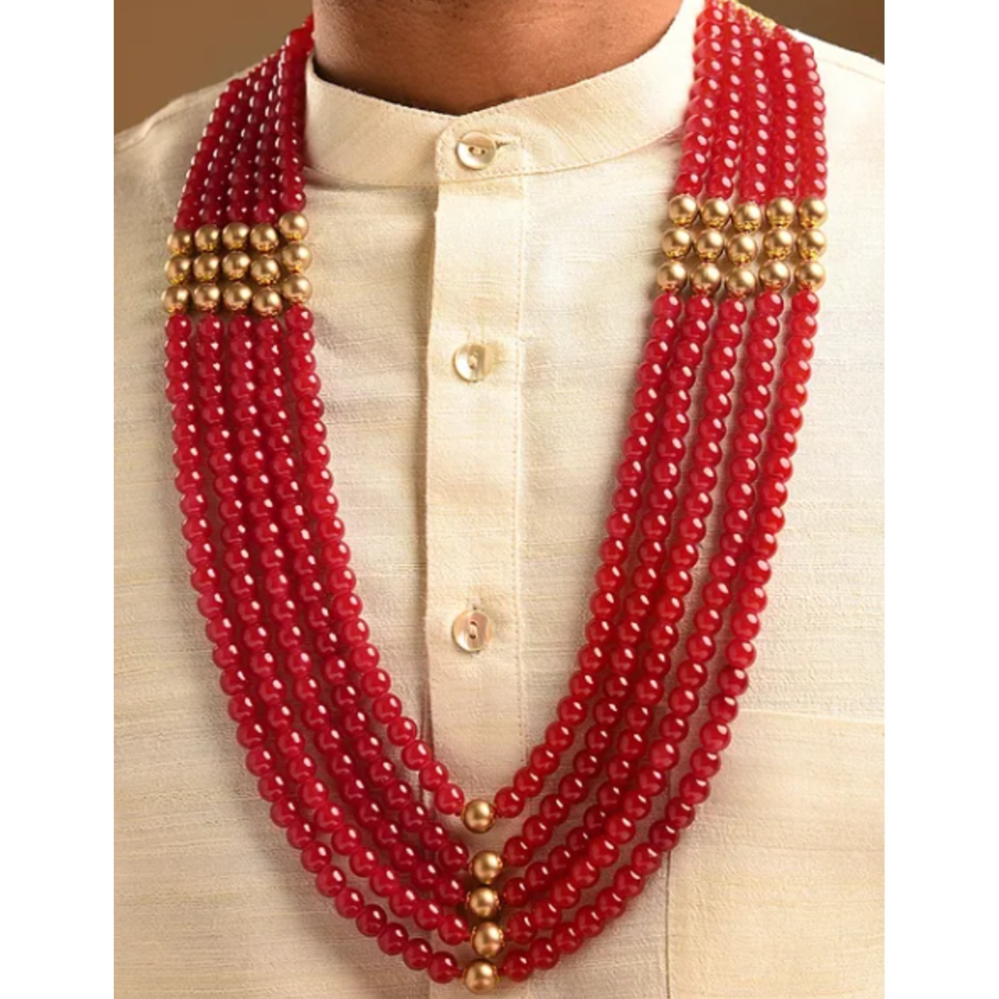 Red Gold Tone Beaded Layered Necklace