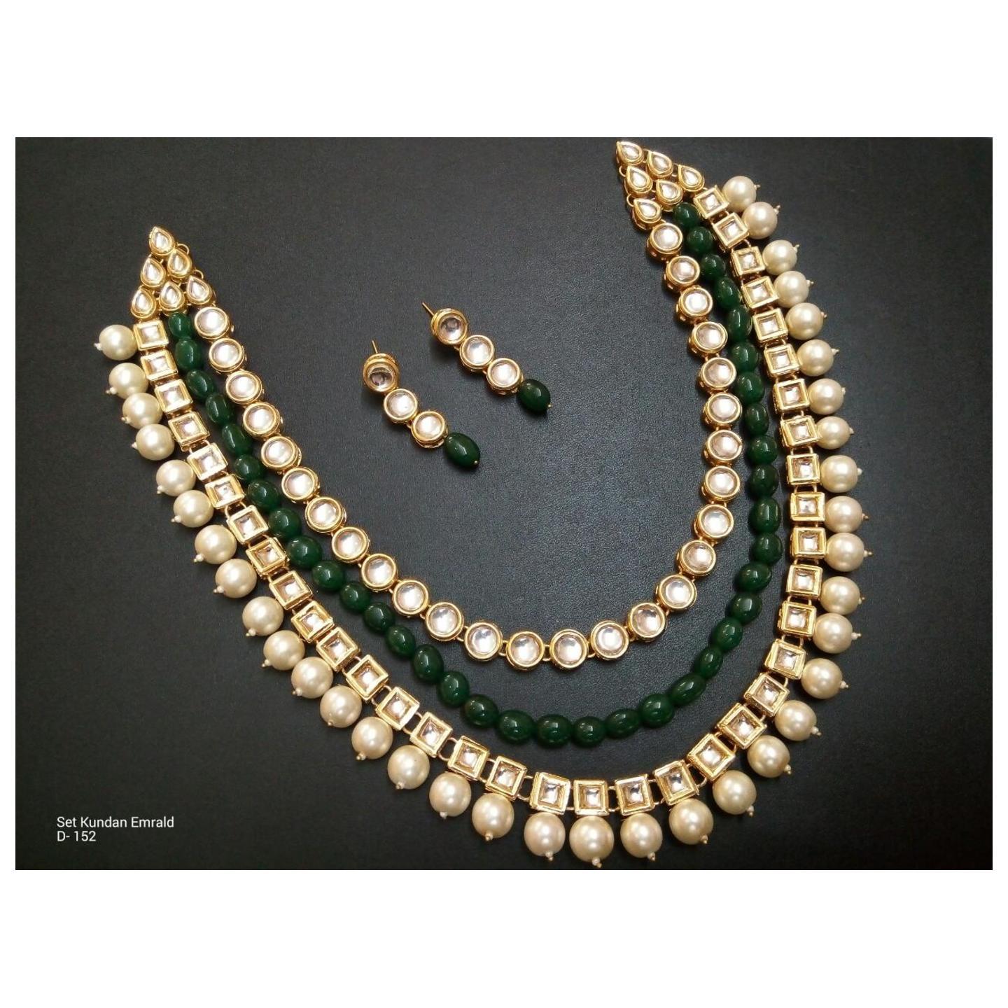 Multi Layer Kundan Necklace Set With Earring Green Onyx Pearl