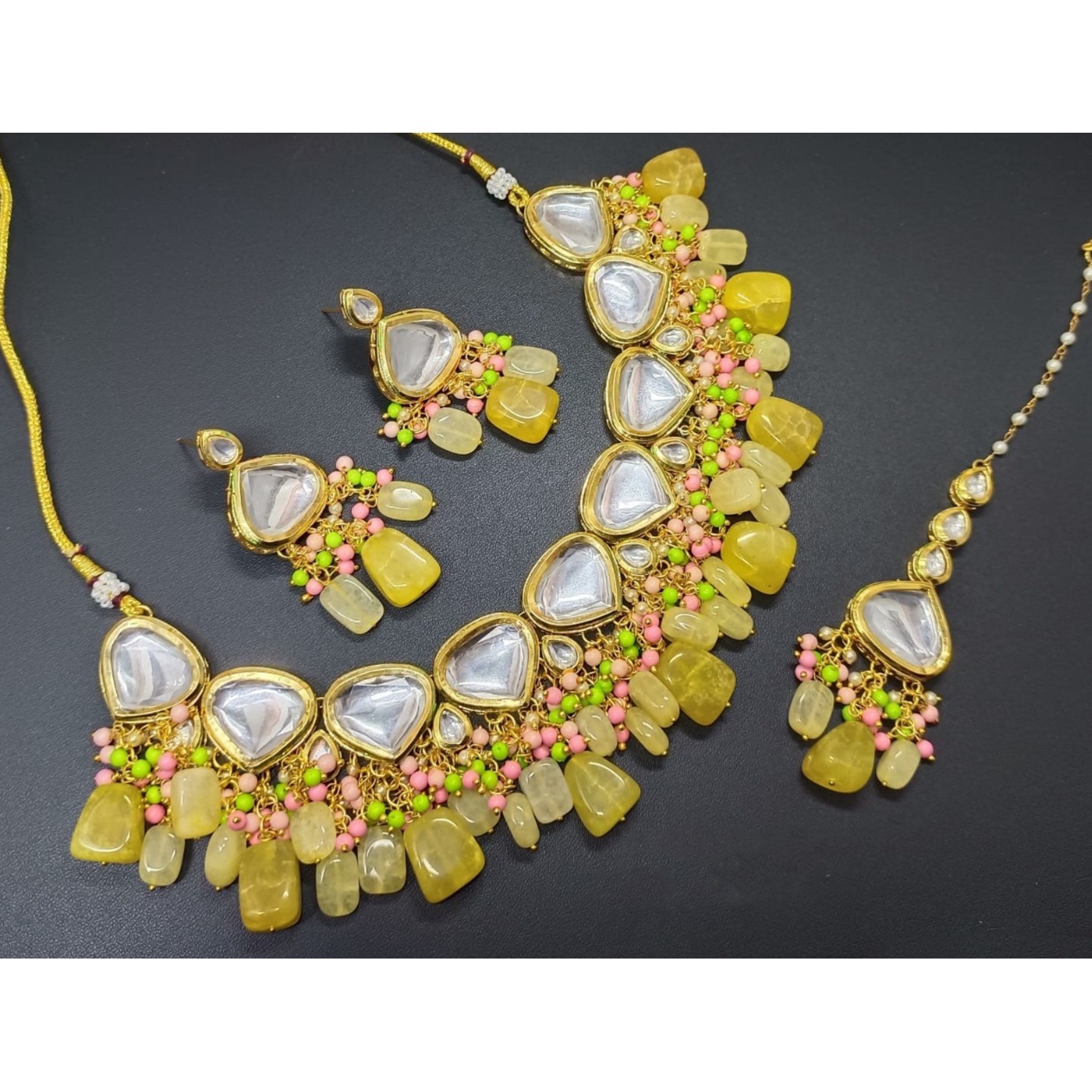 Yellow Gold Tone Kundan Necklace Set With Earring Onyx Stone