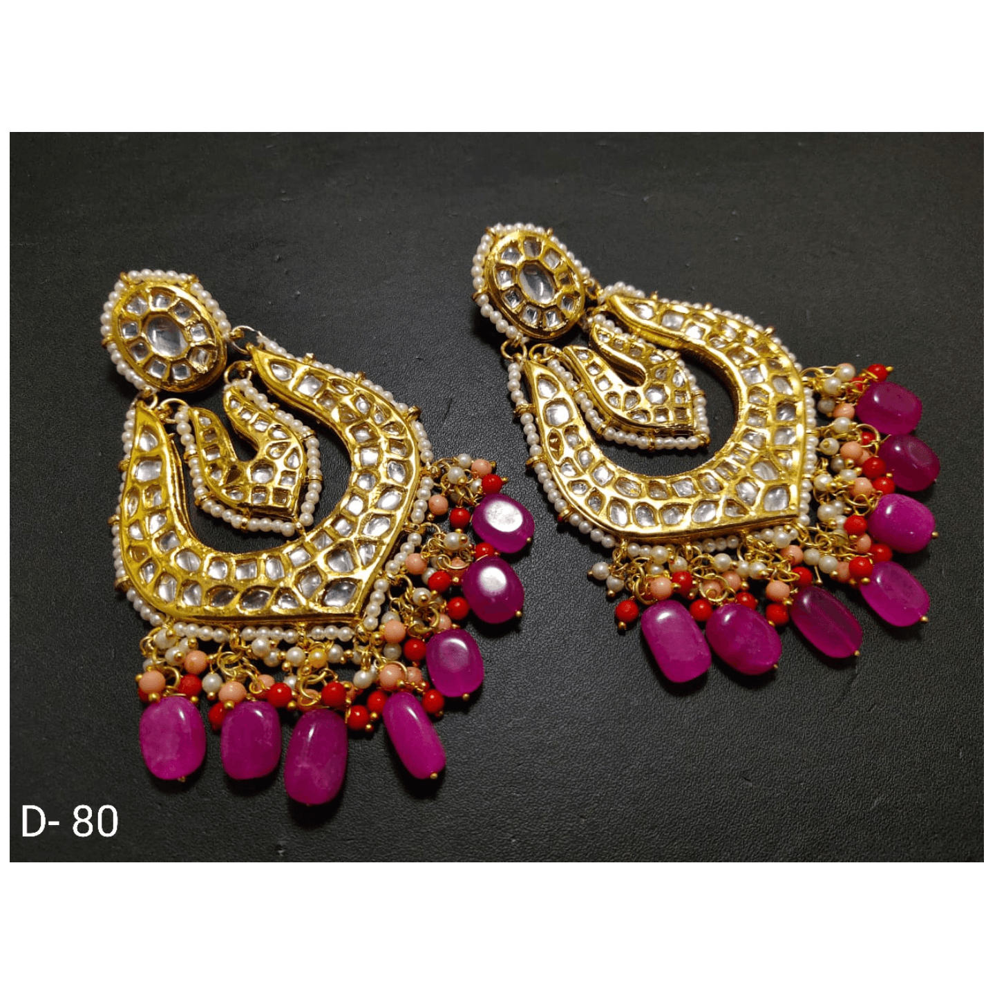Pink Gold Tone Kundan Earring With Pearls