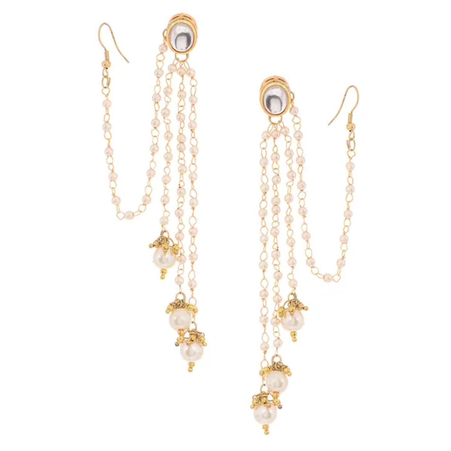 Gold Tone Kundan Inspired Pearl Tassel Earrings with Hair Chain