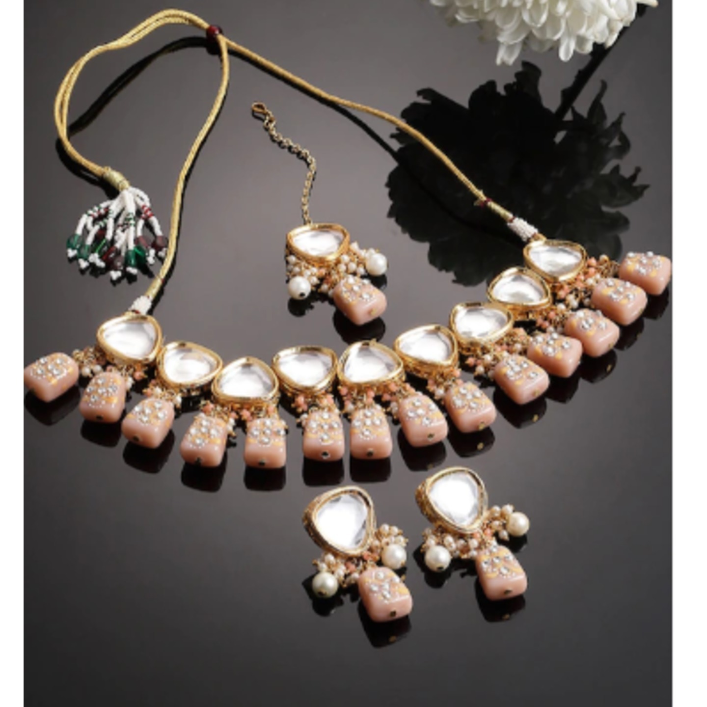 Gold Plated Peach Kundan Necklace Set Set With Earring Tikka
