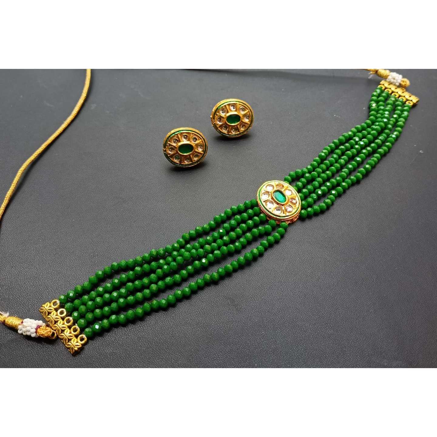 Green Kundan Choker Necklace Set With Earring Onyx Pearls