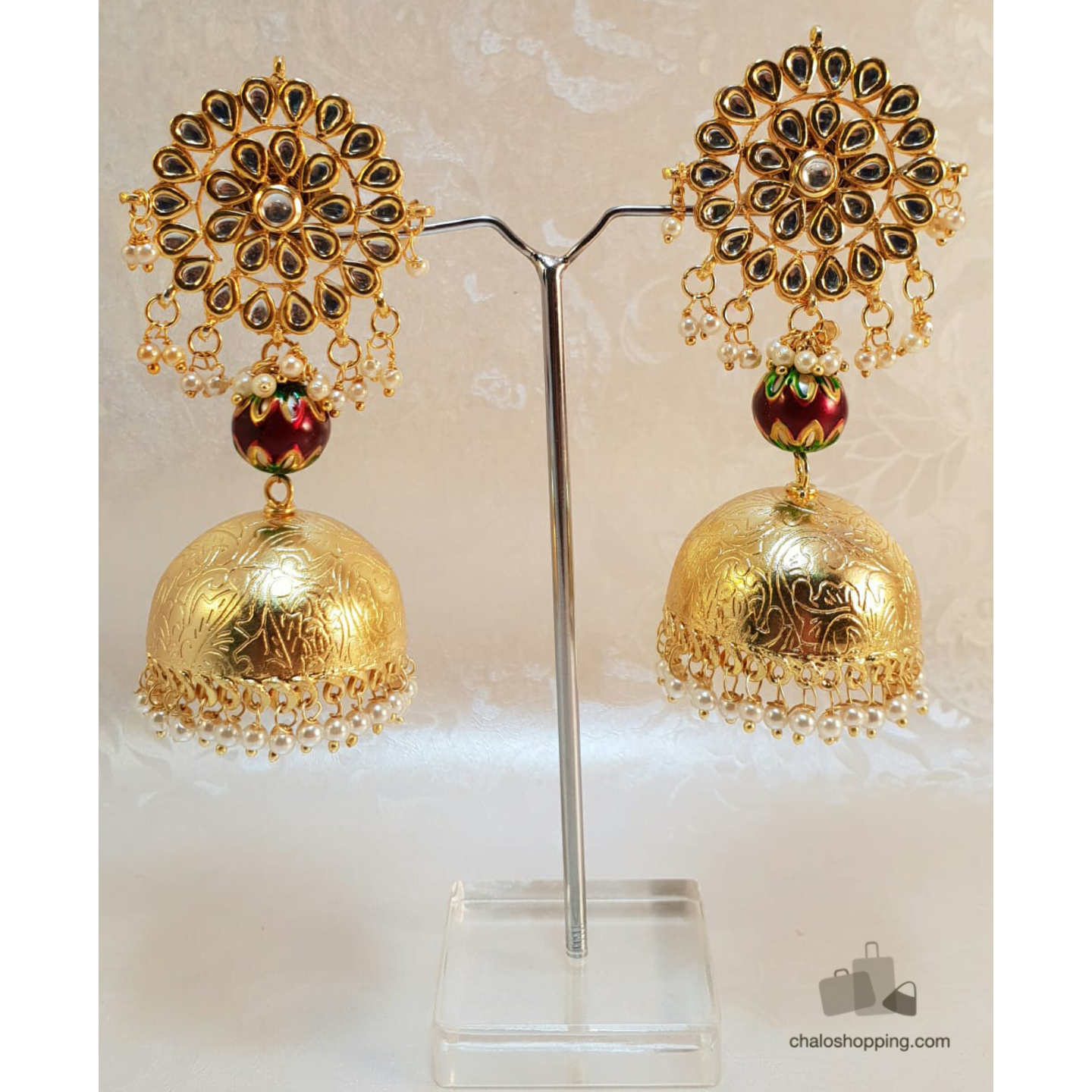 Kundan Inspired Golden Dome Flower Jhumki