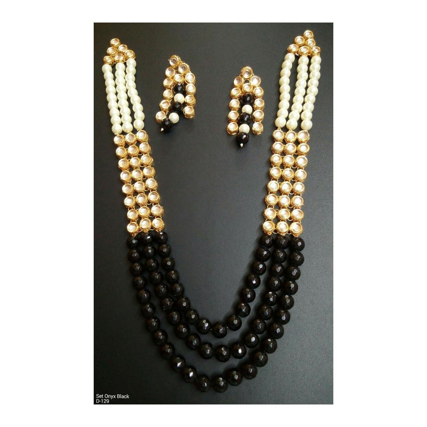 Kundan Long Necklace Set With Earring Onyx Black