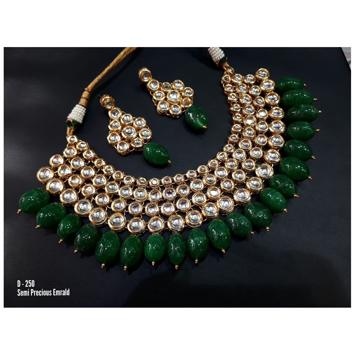 Kundan Double Layer Necklace Set With Earring Green Onyx Pearl