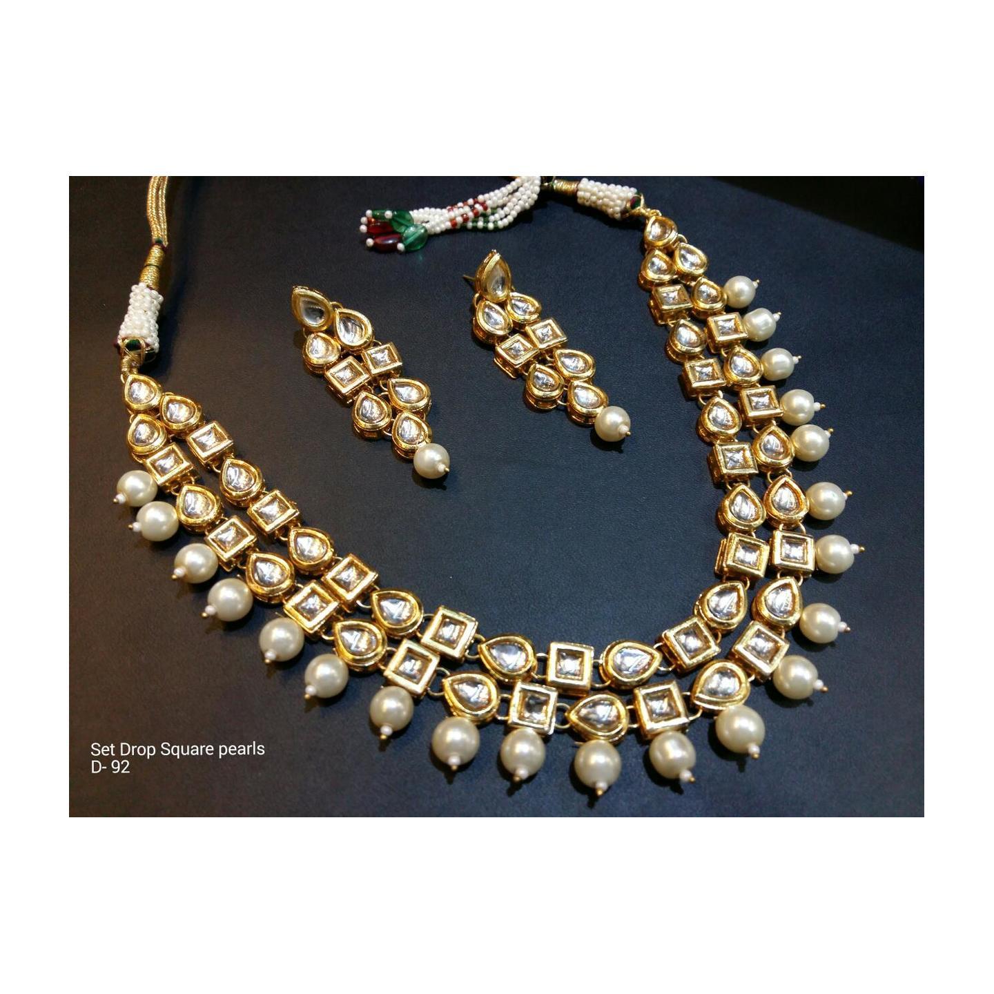 Kundan Necklace Set With Earring Drop Square White Onyx Pearl