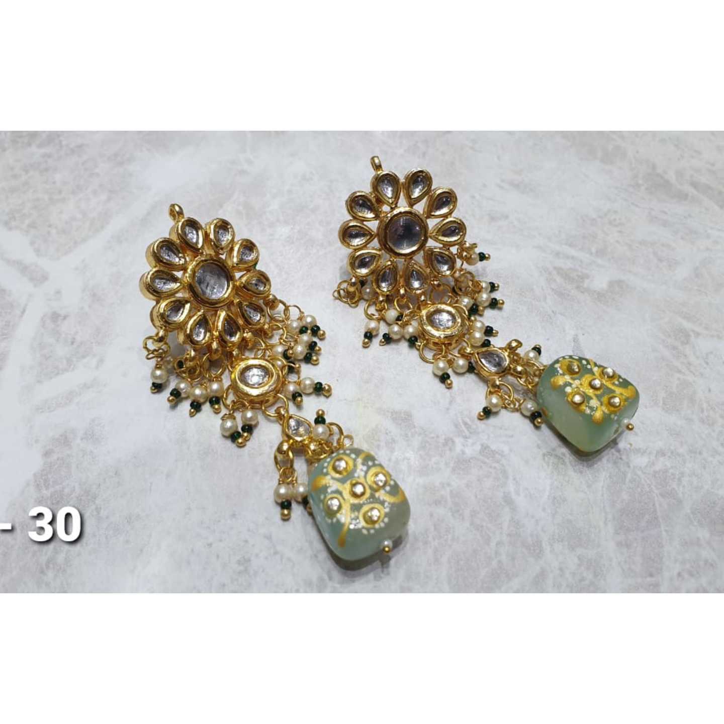 Gold Tone Kundan Earring See Green Stone