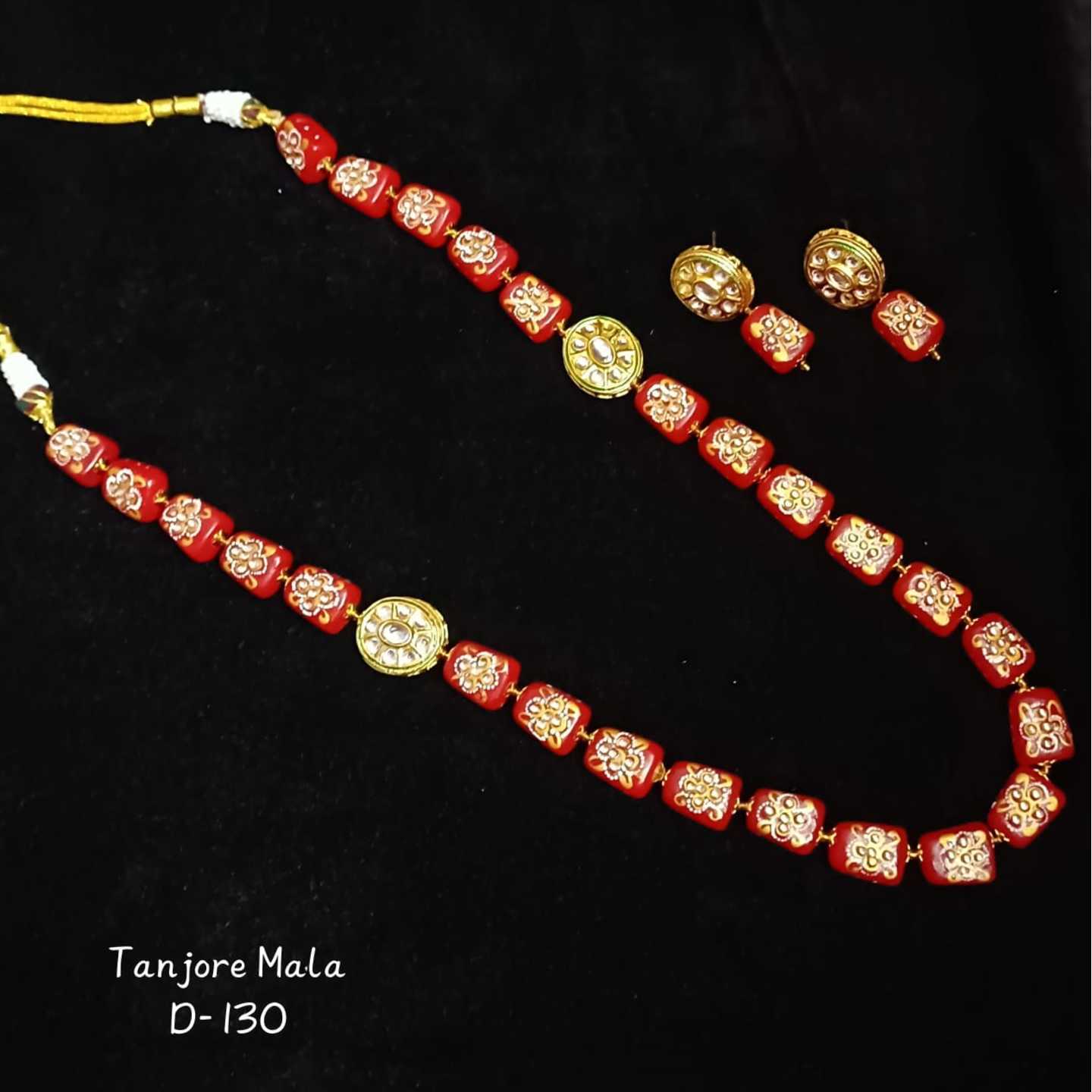 Ruby Red Gold Tone Tanjore Mala With Earring