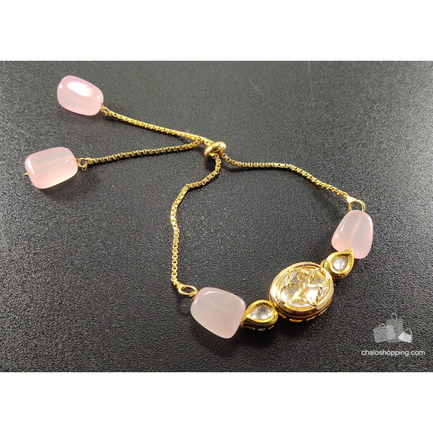 Onyx Stone Kundan Chain Bracelet - Baby Pink