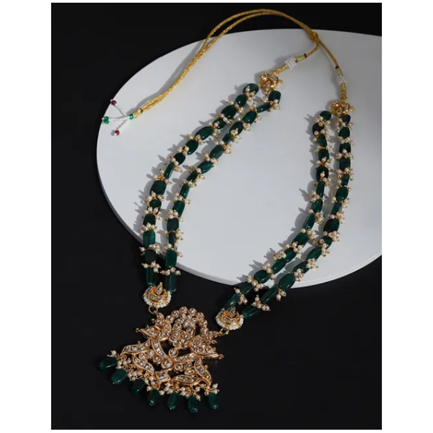 Green Gold Plated Kundan Beaded Necklace