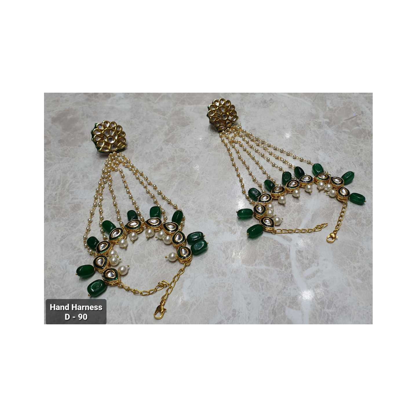 High Quality Kundan Hathphool Green Stone